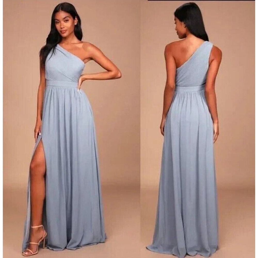 NEW Lulus Maxi Dress Womens sz 1X Lovely Endings Dusty Blue One Shoulder Pleated